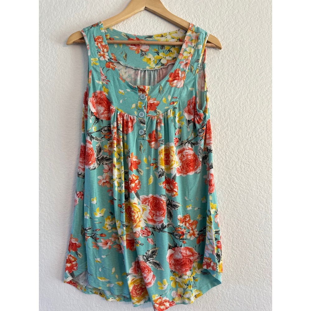Unbranded‎ Floral Tunic Women Large Teal Pink Sleeveless Henley Pleated Top